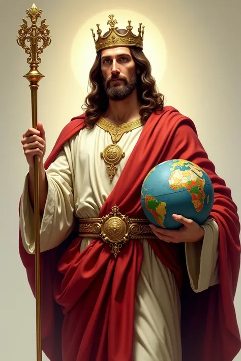  realistic illustrative image of Jesus Christ the King, holding a scepter and a globe