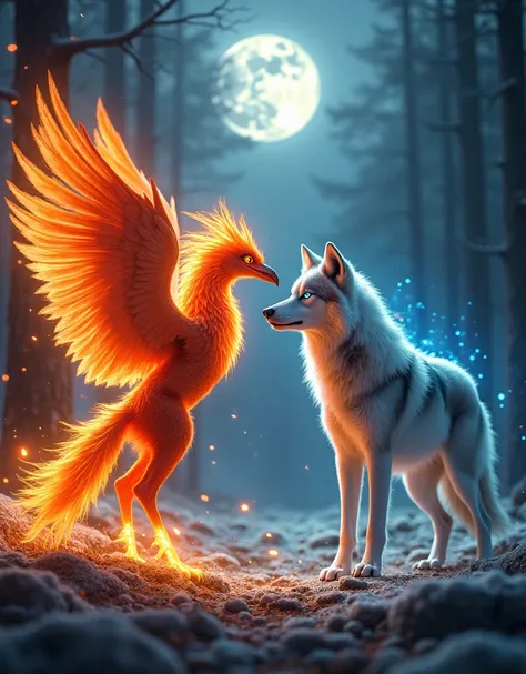 "A breathtaking scene showing a fiery phoenix and a majestic wolf standing face to face in a tense yet harmonious moment. The phoenix radiates with glowing flames in shades of red, orange, and gold, its wings partially spread, with embers drifting around i...