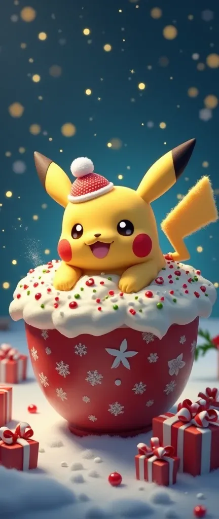 A whimsical photo of Pikachu sitting inside a large cup labeled "CAROO". The cup is filled with a creamy beverage, topped with colorful sprinkles and a candy cane. Pikachu appears delighted, with rosy cheeks and a big smile. Surrounding the cup are various...