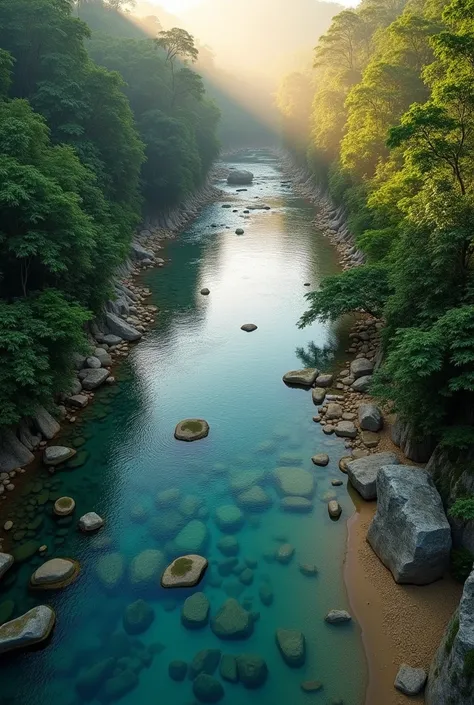 Scenery of a river with deep and very clear river water in the equatorial rainforest, clearly visible mossy rocks on the riverbed in the water, large and small stones and sand on the river bank, in the background there is a forest scene on the left and rig...