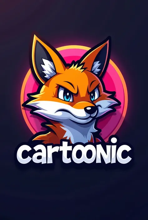 Tshirt esport logo of a head fox, the word "CARTOONIC" is blended into logo, but still readable, color are contrast and blend.