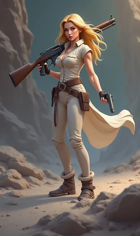 A woman as a bounty hunter blond and beautiful with a dessert eagel and a Kar98 realistic 