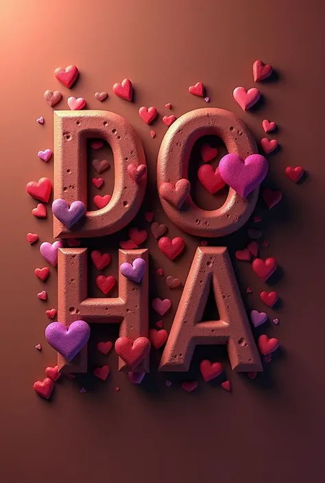  The letters Douha color brown,  with purple and pink hearts, with brown background  