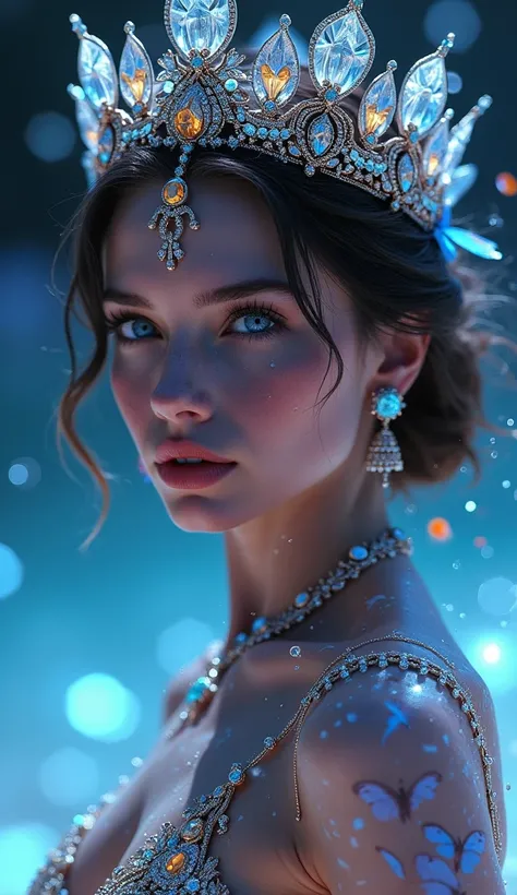 BlingBling,  motion blur ,  triangle ,  film-level lighting effects Fantastic jewel ornaments all over the crown  ,   intricate details ,  super realistic, diamonds, rubies, sapphires, emeralds, neck, arms, head, very intricate, full body bra,  like Megan ...