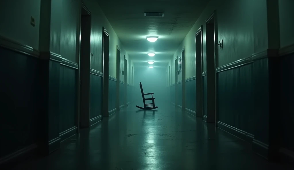 A close-up of a flickering school hallway light. The sound of a faint, eerie knock echoes. The camera pans to an empty classroom with a single chair rocking back and forth. A faint scream echoes in the distance.