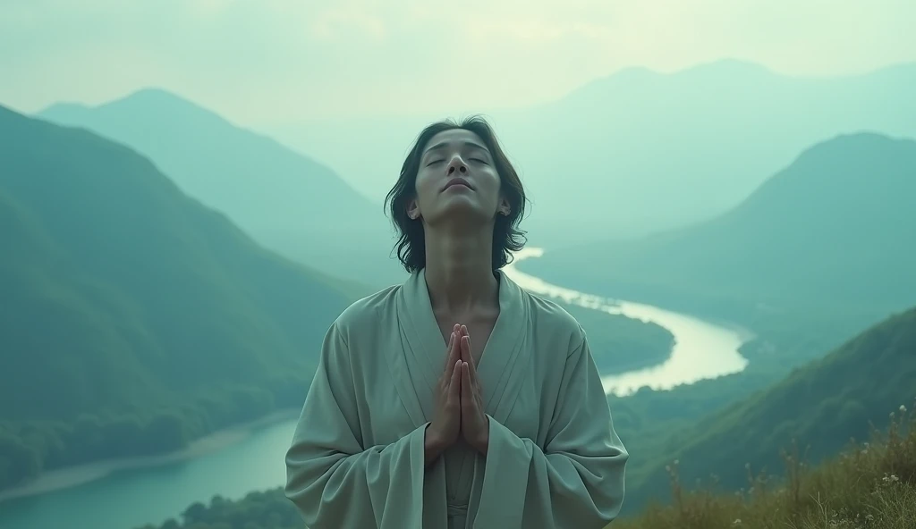 image of a person praying to God , looking for divine inspiration .  in the background a beautiful bluish and turquoise landscape