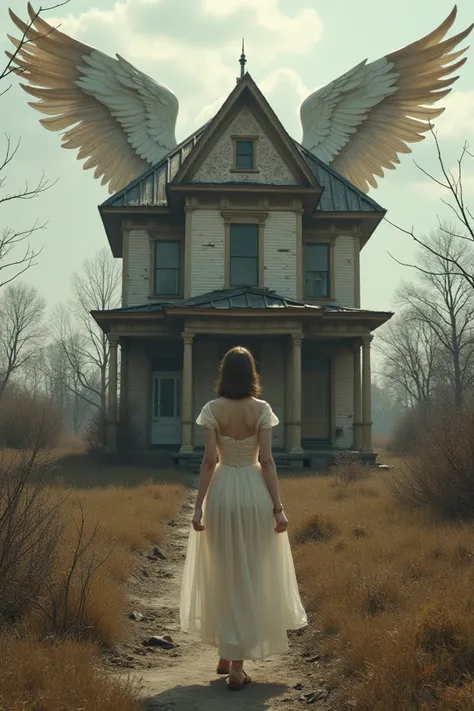 Give me a realistic image of an elegant girl buying the house and having a dismantled house winged


