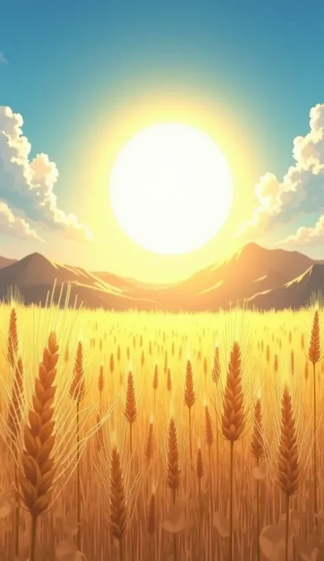  Wheat field illuminated by a bright sun, with mountains in the background and clear skies .  anime style