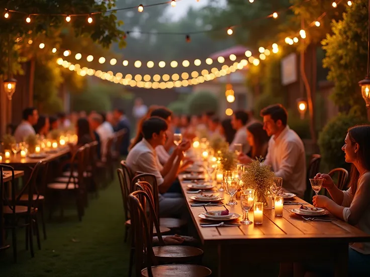 A lively garden party scene with glowing string lights, wooden tables adorned with elegant decorations, and guests enjoying the peaceful outdoor setting. High resolution, Photo Realistic, Human interaction, Detailed