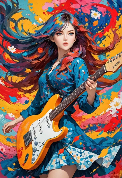 a colorful abstract painting, Electric Guitar，pretty girl, walk, Fashion, Random color hair, extra long wavy hair, wind, Flying Petals, Intense gaze, vibrant colors, abstract art, dynamic composition, fluid brushstrokes, textured background, mesmerizing pa...