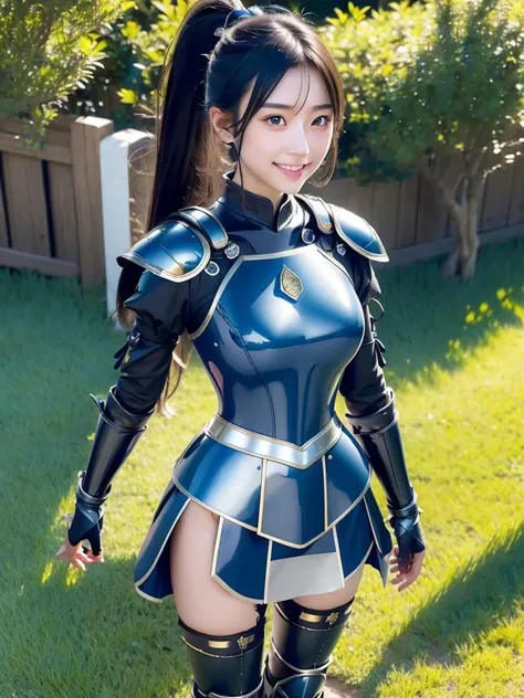 one Japanese girl, cute face, thin and tall, smile, black long hair, ponytail with ribbon bow, earrings, blue shoulder armor, blue chest plate, blue arm and wrist armor, hand gloves, short skirt armor, blue leg plates, blue armor boots, black latex body su...