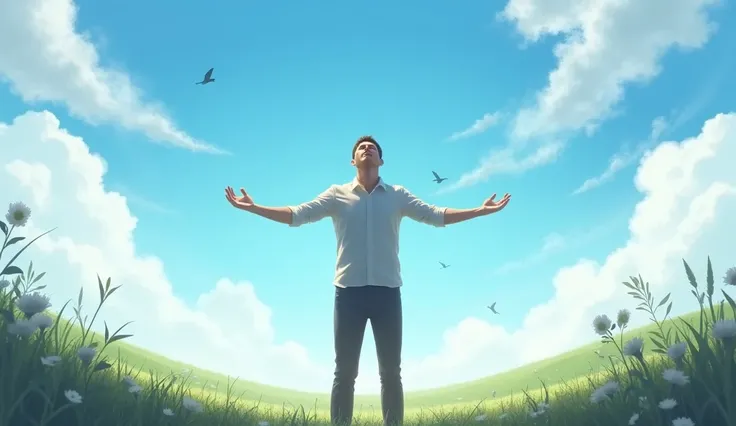 image of a man opening his arms to the sky. 