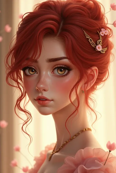 Royal girl with red hair, elegant, beautiful, with light brown eyes , Let her hair be a deep red color and look more like an anime