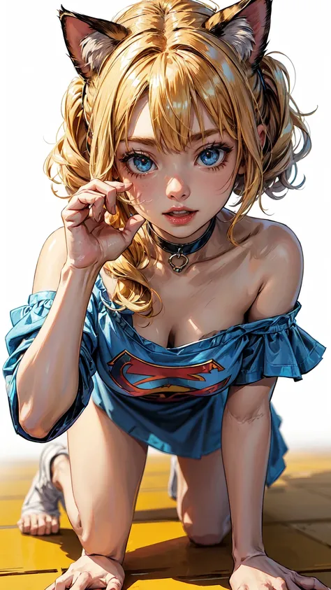 (highest quality, masterpiece, High resolution)、(anime art)、cinematic light、soft light、two girls、Harley Quinn、blonde hair、Supergirl、werehyena costumes、(loose t-shirt)、loose shirt、off shoulder、sexy mini dress、(Cat ear)、bob cut、semi-long、bun hair、hair orname...