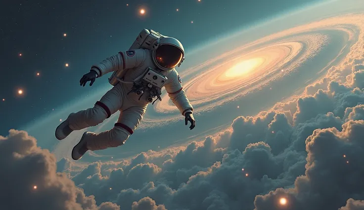 Uncanny Valley style digital painting of an astronaut flying from Erth as it is exploding. Background should include a vast perspective of the andromeda galaxy. Painting should invoke the emotion of fear and uncomfortableness.