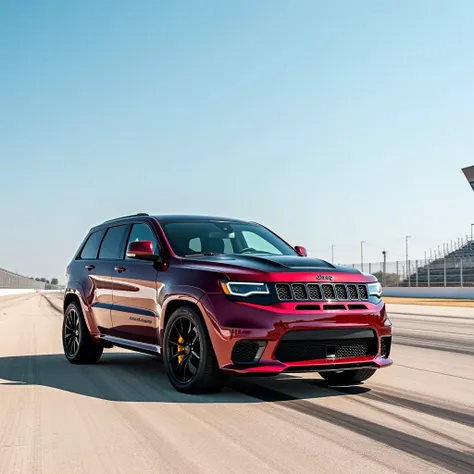 The 2018 Jeep Grand Cherokee Trackhaek stands in dark red on a US racetrack in a dry climate, clear blue sky