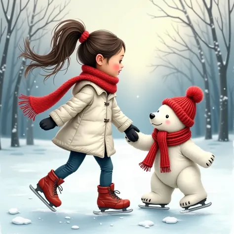 a highly detailed,  with a high ponytail, wearing a white coat, and a red scarf, skating hand in hand on a frozen lake, with a cute polar bear in a red knitted hat and scarf, BG silvery wither trees watercolour and oil