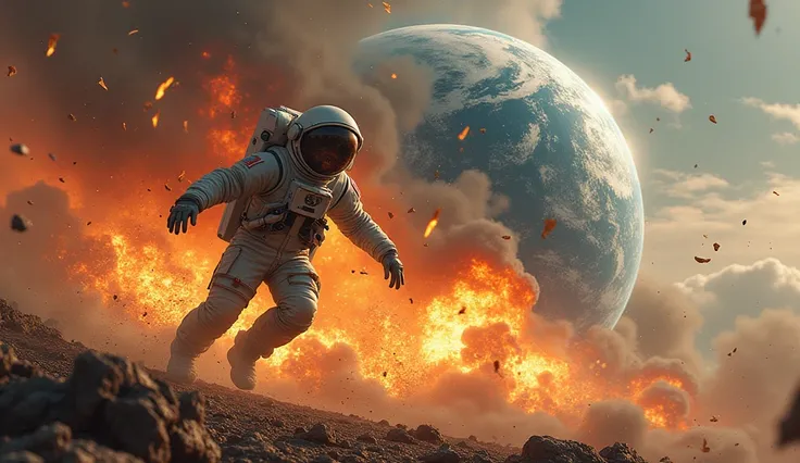 Uncanny Valley style digital painting of an astronaut flying from Earth as it is exploding. Painting should invoke the emotion of fear and uncomfortableness.