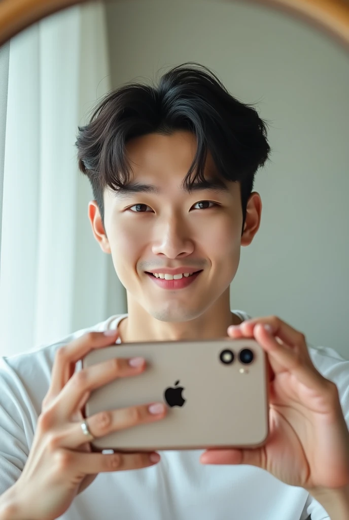 A young handsome Korean guy taking a mirror selfie while holding a three iphone camera, he has a pink lips, thick eyebrows, pointed nose and wearing a white casual shirt in a bright afternoon room