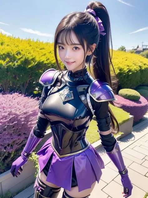 one Japanese girl, cute face, thin and tall, smile, black long hair, ponytail with ribbon bow, earrings, purple shoulder armor, purple chest plate, purple arm and wrist armor, hand gloves, short skirt armor, purple leg plates, purple armor boots, black lat...