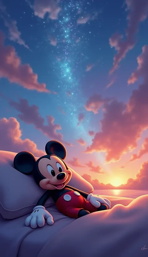 Mickey mouse is starting to fall asleep and the sky is colorful, his eyes are closed indicating he is sleeping