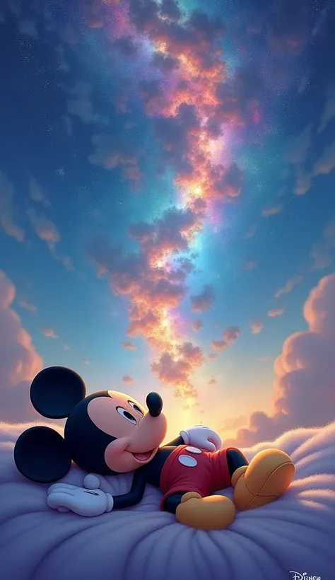 Mickey mouse is starting to fall asleep and the sky is colorful, his eyes are closed indicating he is sleeping