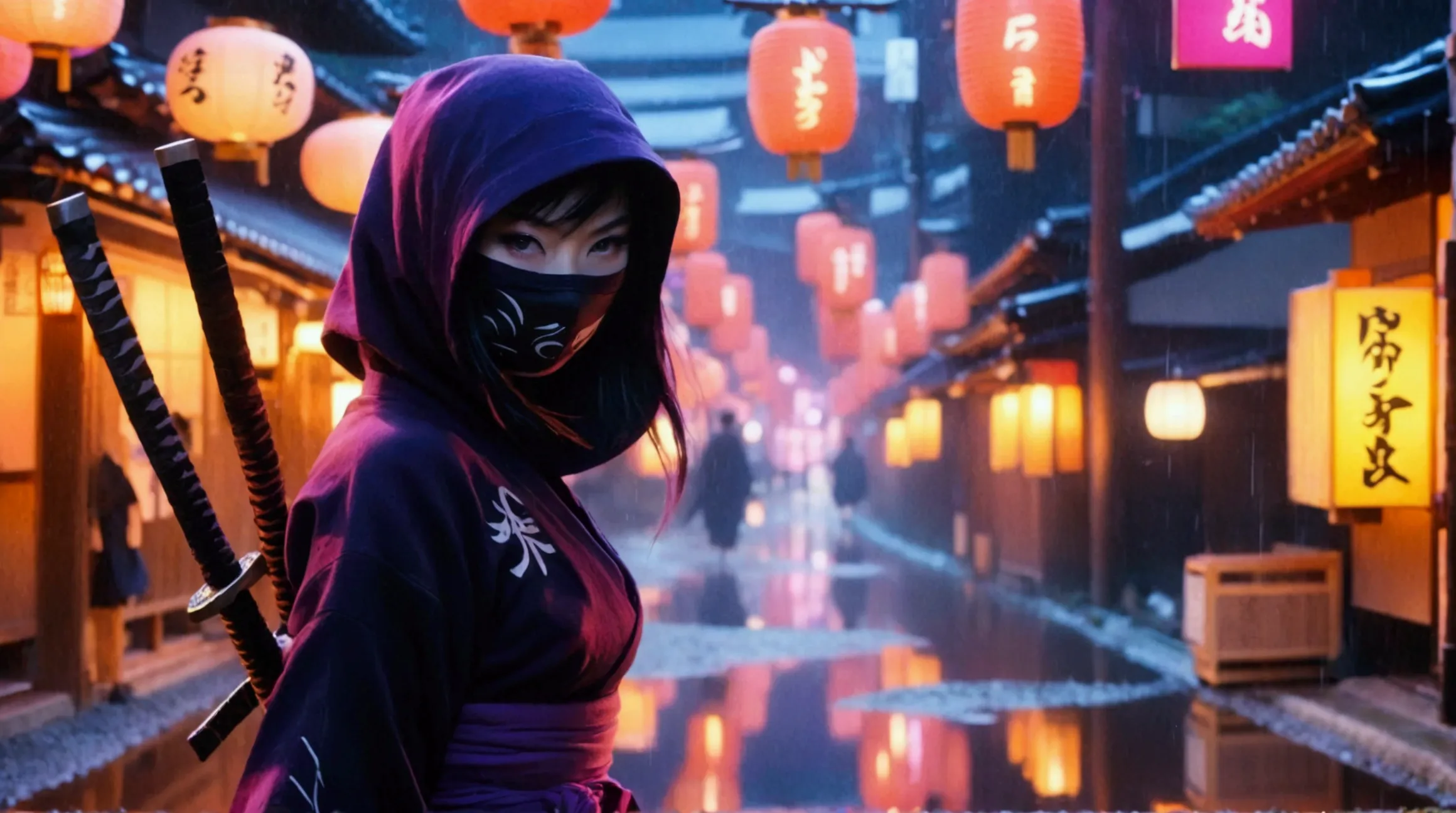 8k,masterpiece,best quality,when no one is around,a female ninja wearing a stylish and cute ninja hoodie geisha style showing of...