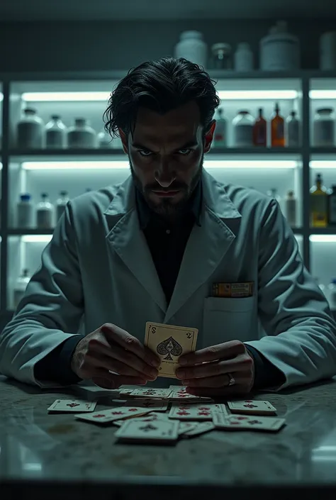 An evil pharmacist plays cards on his modern counter.