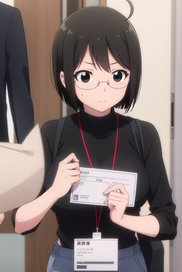 lucy yamagami, short hair, black hair, (black eyes:1.5), ahoge, glasses,
pants, sweater, turtleneck, id card, lanyard,Big Breasts