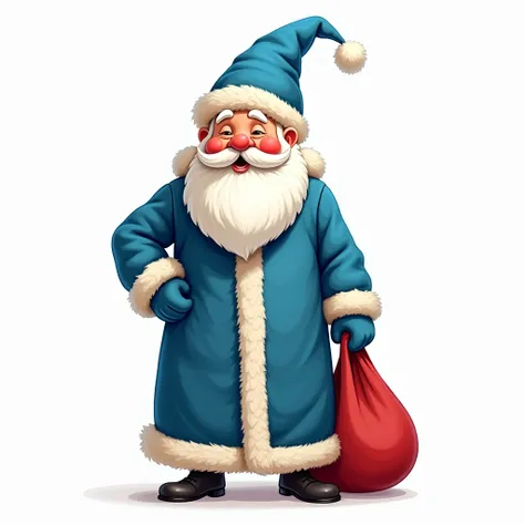  Santa Claus in a long blue fur coat, With mittens , on his head there is a blue hat ,  stands full length,  in his hand holding a red bag ,  cartoon style, illustration,  highly detailed , white background