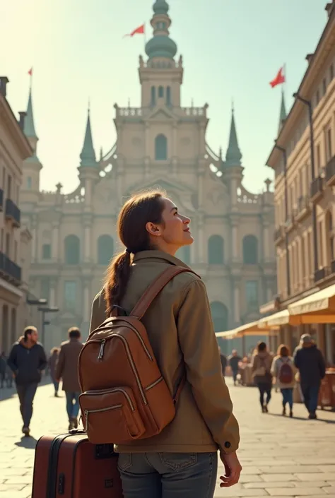 a middle-aged girl with a small backpack and a suitcase, a tourist stands on the citys main square near a beautiful historic building and looks at it with admiration