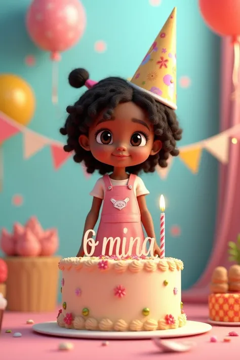 3D illustration of a girl
standing  casually on front of a cake. The character must wear  Alicia cloths . The background of the image is a party theme. Write Amina on the birthday cake. Make sure the text is not misspelled. Her age is 6