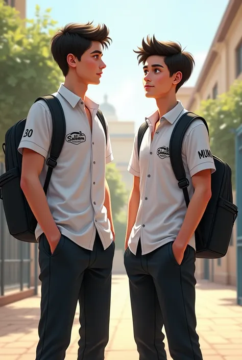 "A hyper-realistic digital illustration of two boys standing side by side. The first boy is 20 years old, and the second boy is . Both are wearing school uniforms: white shirts and black pants. Each boy is carrying a school bag on their shoulders. The firs...