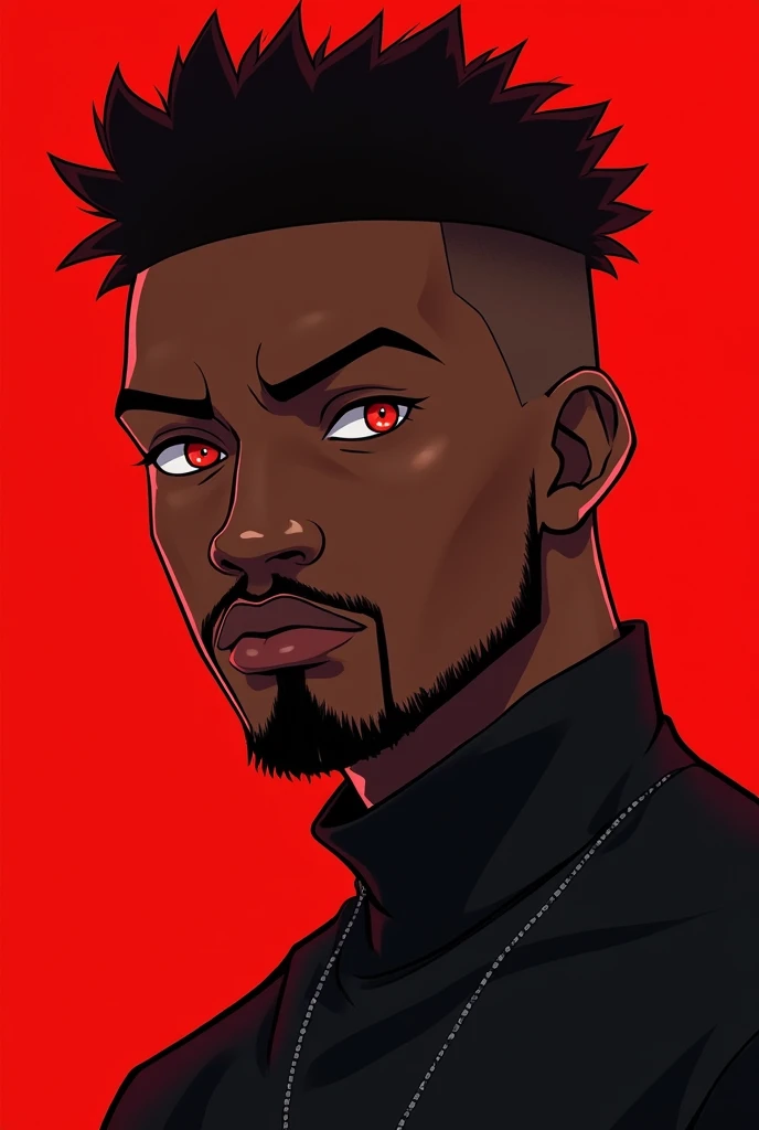 Anime style black man red eye looking 18years old with skin fade beard and a buzzcut lookin stoic. Red background 