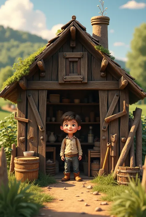 A boy in a shed in a wooden house 