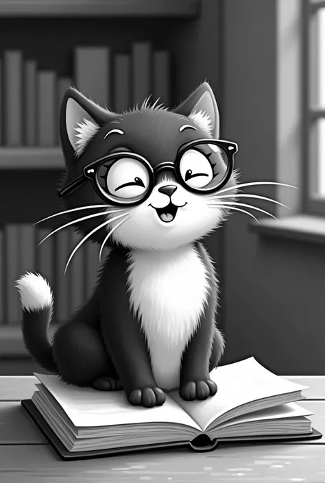 
	3.	Dancing

“Monochrome A curious black-and-white cartoon cat wearing round glasses and sitting with a large open book on its lap. Its whiskers twitch with interest as it flips through a page with one paw. The background is a simple bookshelf setting, cr...