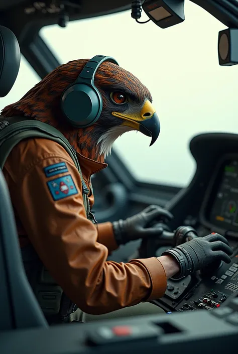 Create a falcon as a pilot fight with the body of a human with falcons by face, in an aeroplane waring pilots earphones 🎧, in pilots get up. Looks like amazing... realistic, and adorable.