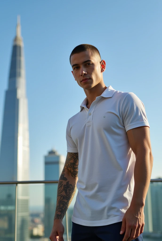  Portrait of a handsome and athletic man . Buz haircut age 20 years. polo shirt,  dress pants .  Both Arms tattooed, clear sky, terrace,  skyscraper  