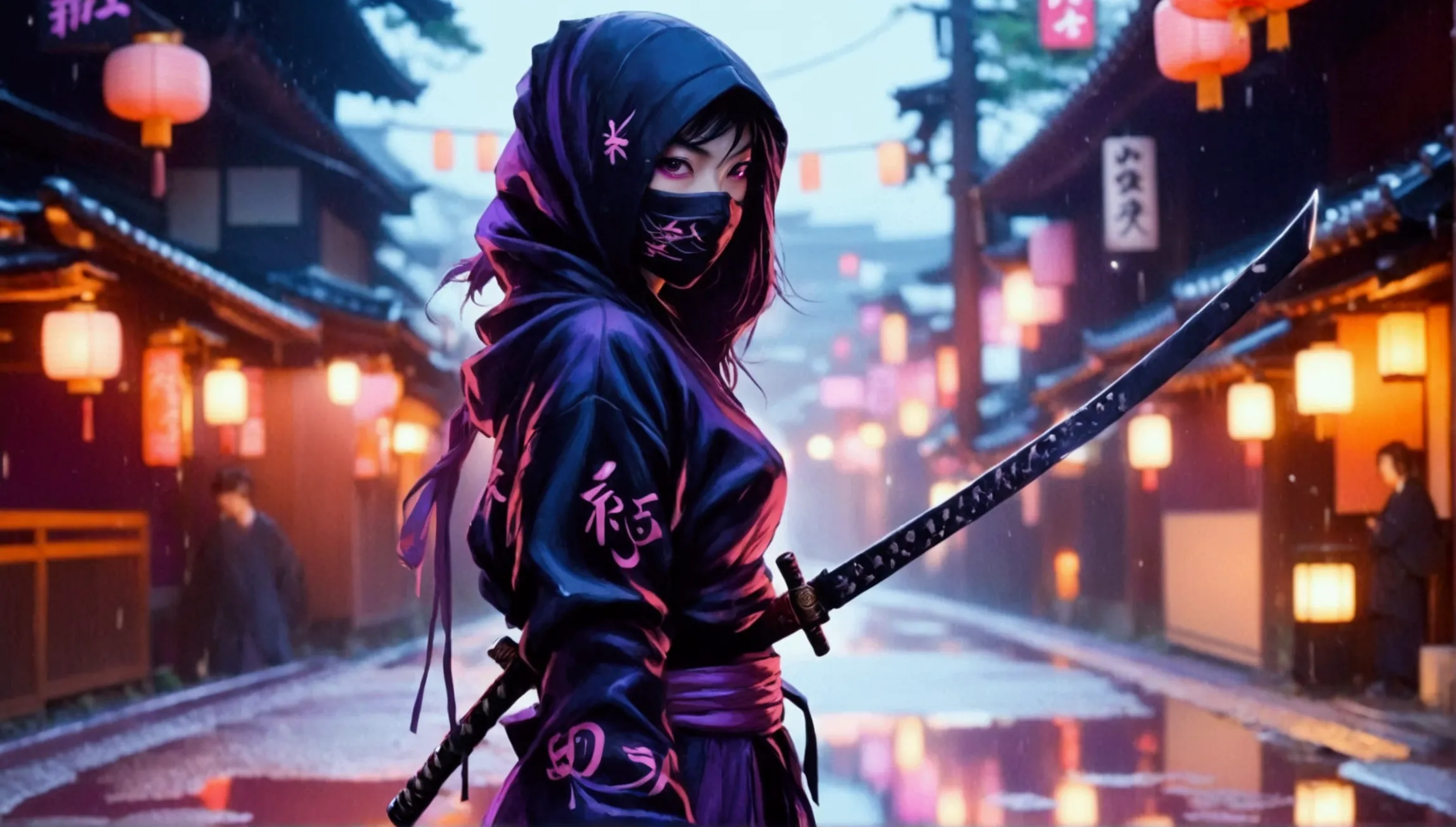 8k,masterpiece,best quality,when no one is around,a female ninja wearing a stylish and cute ninja hoodie geisha style showing of...