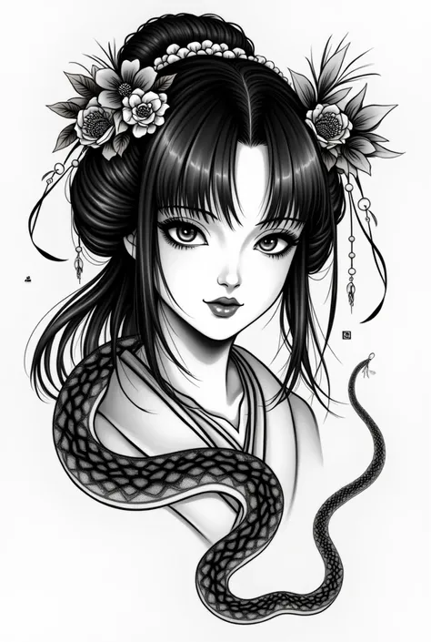 Japanese-style black and white drawing of a beautiful Geisha with straight hair tied back with a snake surrounding her
From the front 
With simple lines, for a tattoo .


