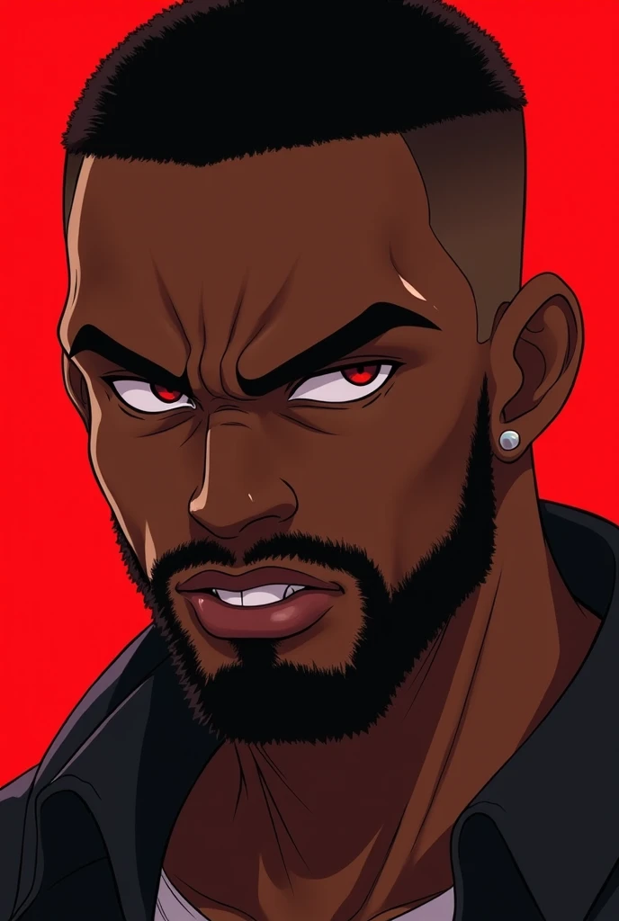 Anime style black man red eye looking 18years old with skin fade beard and a buzzcut short hair lookin angrily stoic. Red bacground