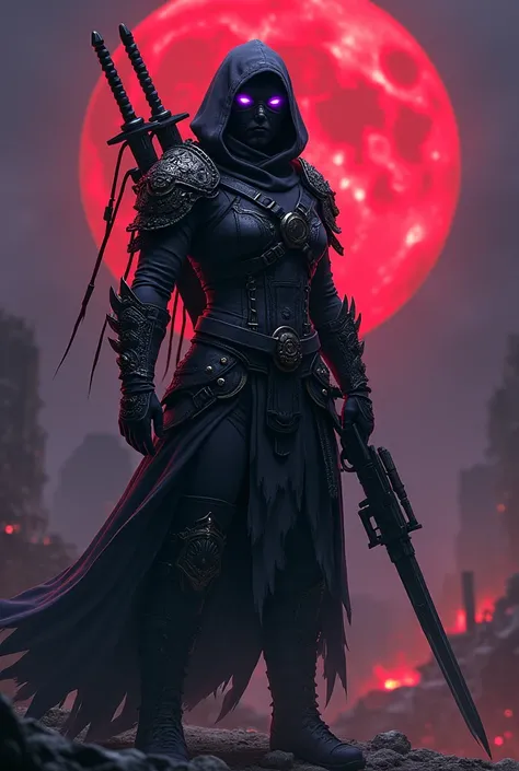 Une femme guerrière aux yeux violet perçant luisant, habillé de draps style seigneurs de guerre, des sabres dans le dos et des armes à feu dans les main. Dans le fond un décors apocalyptique et une lune de sang flotte dans le fond. On ne voit que ses yeux ...