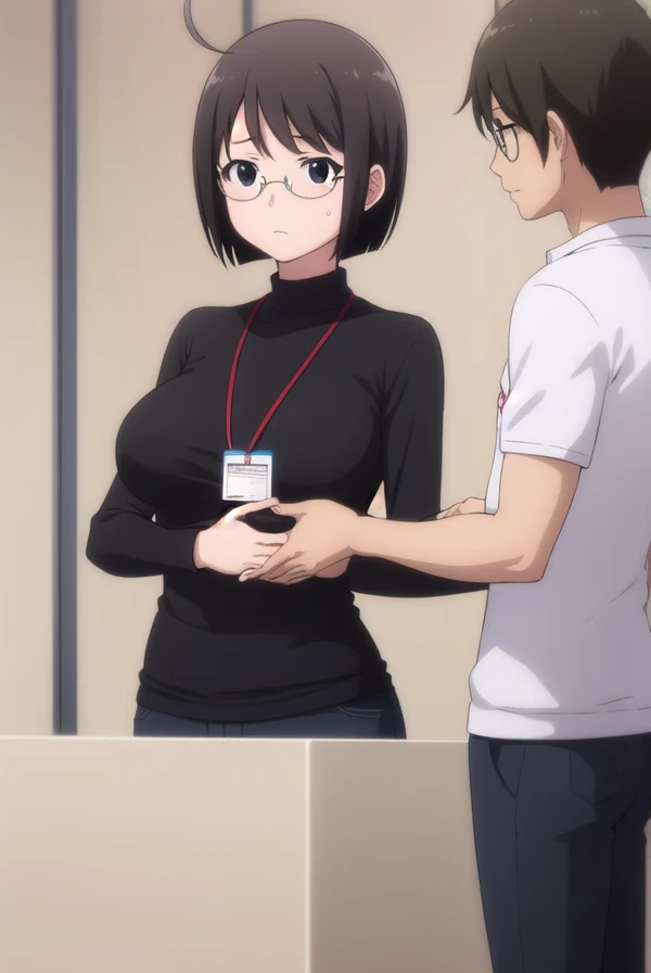 lucy yamagami, short hair, black hair, (black eyes:1.5), ahoge, glasses,
pants, sweater, turtleneck, id card, lanyard,Big Breasts　sexual harassment reception 　elder　Man touches chest