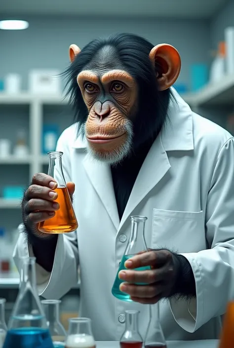 Create a Chimpanzee as a scientist 🥼 with the body of a human with Chimpanzees face, in a Laboratory  wearing scientist 🥼 Jackets a holding a glass flasks, in a scientist  get up. Looks like amazing... realistic, and adorable.