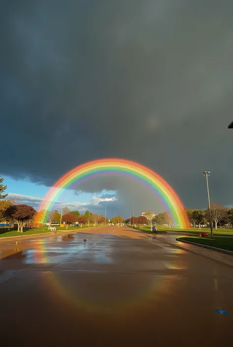 Professional Photography，In the morning， forms a rainbow bridge at the junction with the ground under a dark sky in the distance，Water accumulation，Playground open space ，Warm colors，