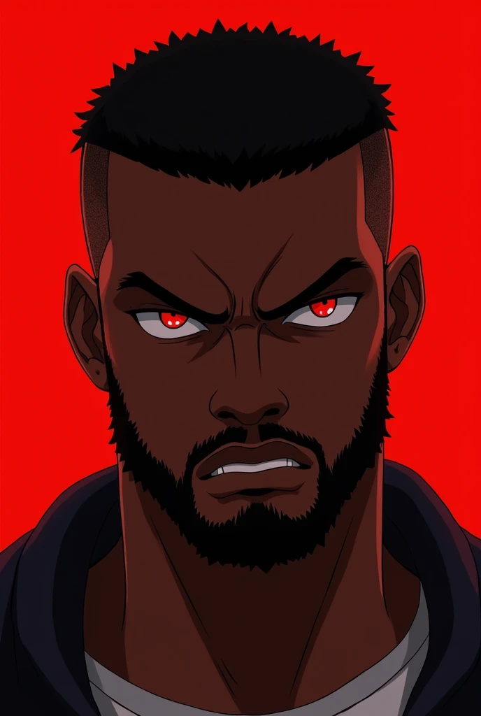 Anime style black man red eye looking 18years old with skin fade beard and a buzzcut short hair lookin angrily stoic. Red bacground