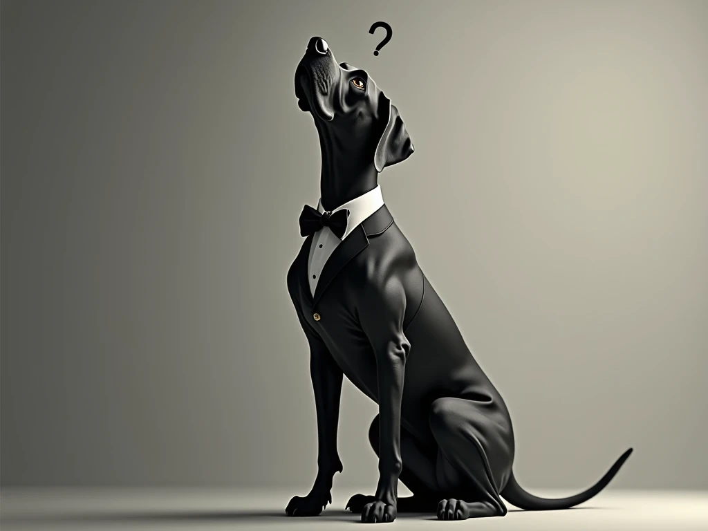 Make an image of a Great Dane dog wearing a black suit with a white shirt and a black bow tie, Put him looking up and a question mark in the air