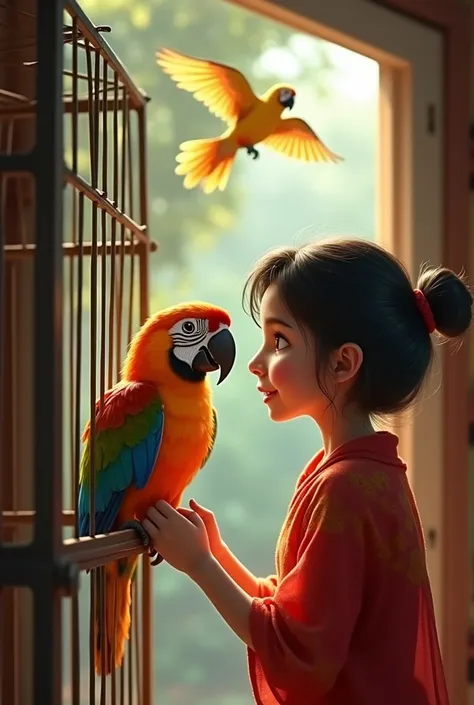 One day, the parrot said, "Meena, I want to fly free, but I’ll always be grateful to you." Meena smiled, opened the cage, and let the parrot go. Their bond of love remained forever.
