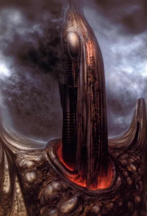 H. R. Gigers g1g3r, , Giger_style, H. R. Gigers g1g3r, , Giger_style, The image is a detailed view of H.R. Gigers " HRG NY City " plate, featuring  (Foreground: A towering, biomechanical volcano erupts, spewing lava and dark smoke. Its surface should be co...