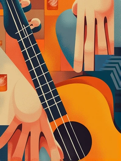 Guitare et mains abstrait, cubisme, arrière plan dans les tons bleus 